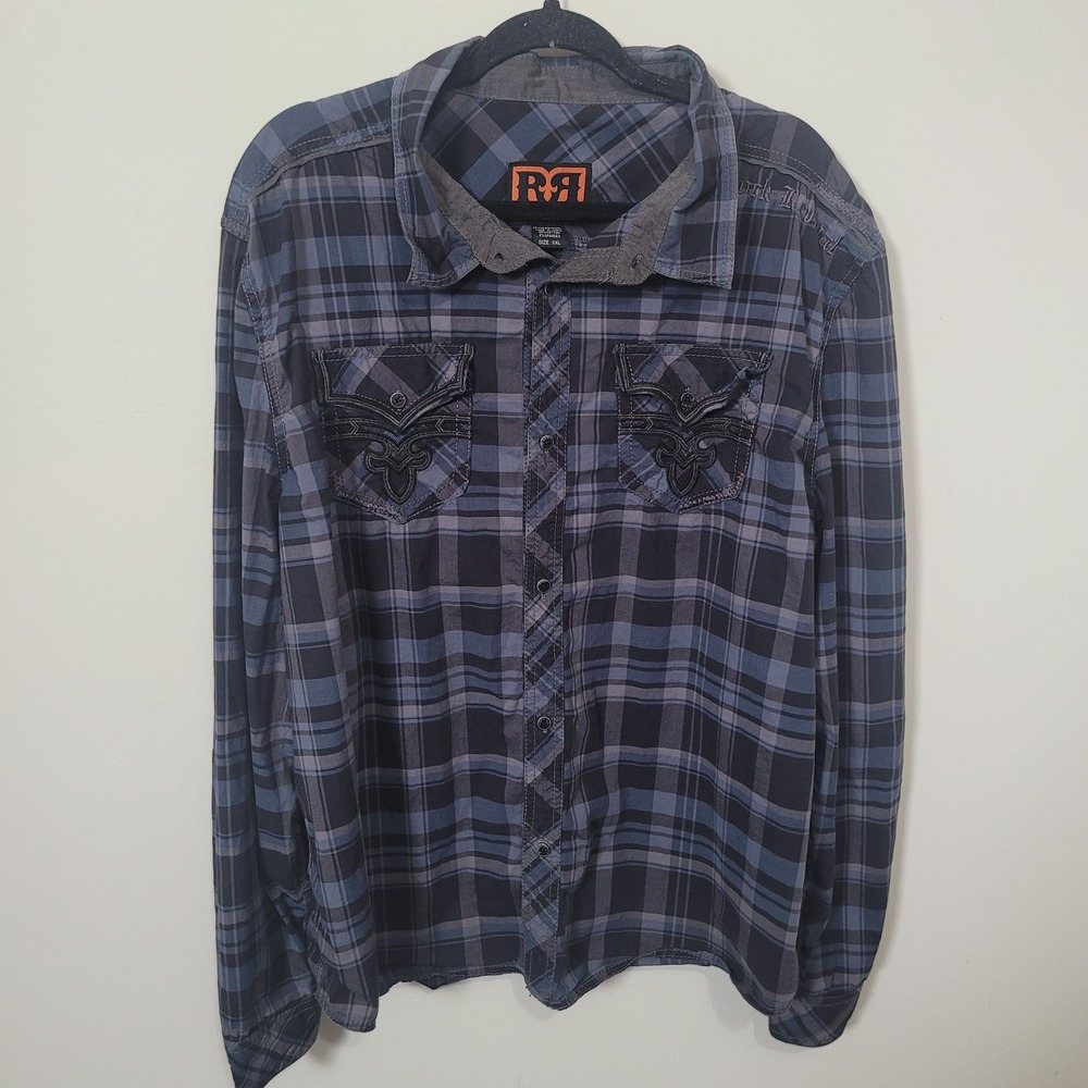 Rock Revival Size XXL Button Down Shirt Mens Blue Grey Plaid Embroidered BLE005L
